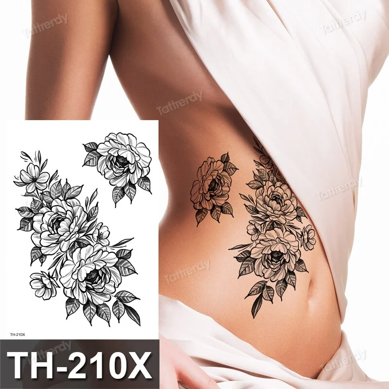 Tattoo Sticker Flower Big Body Art Waterproof Temporary Sexy Thigh Tattoos For Woman Tattoo Fake Water Black Sketch Line Sleeve