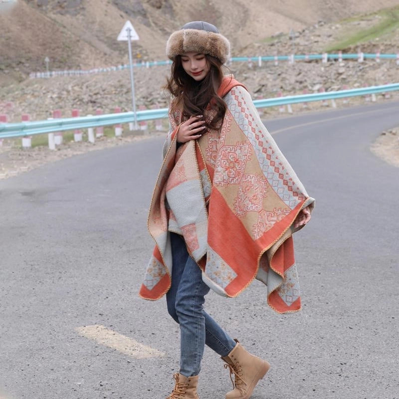 Ethnic Style Hooded Shawl Cloak Lijiang Xinjiang Tibet Northwest Tourism Wear Photograph Warm Outer Cape