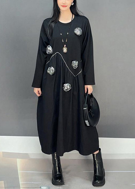 VCSHOES Loose Black O Neck Solid Patchwork Cotton Dress Fall