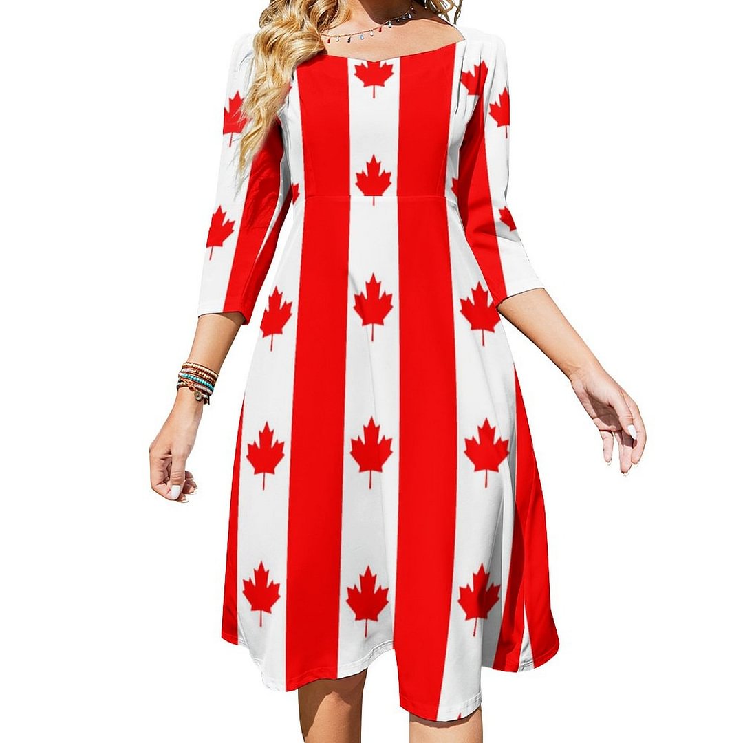 Canadian Flag Of Canada Red Maple Leaf Dress Sweetheart Tie Back Flared 3/4 Sleeve Midi Dresses
