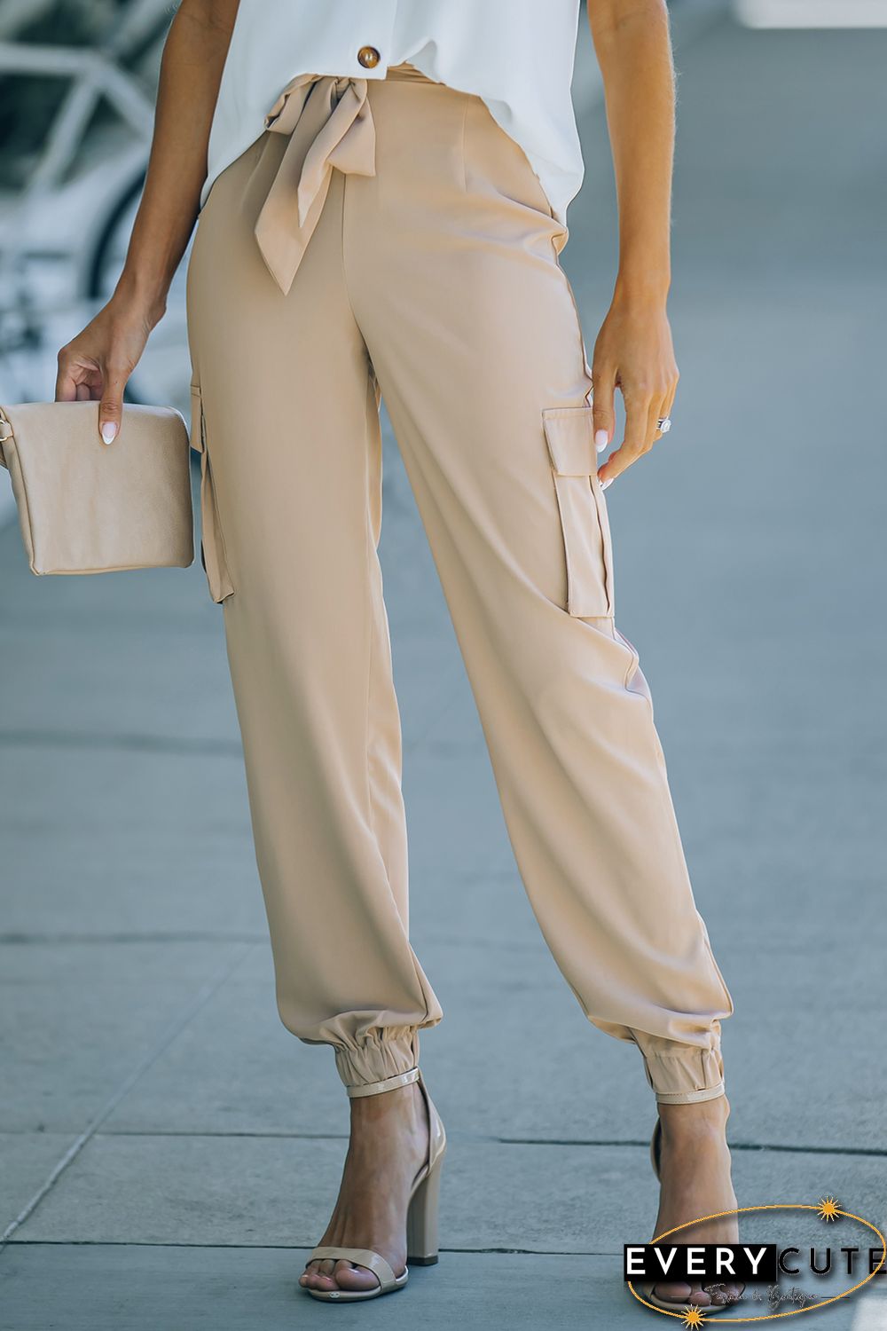 Khaki Side Pockets Slim Fit Knotted High Waist Pants