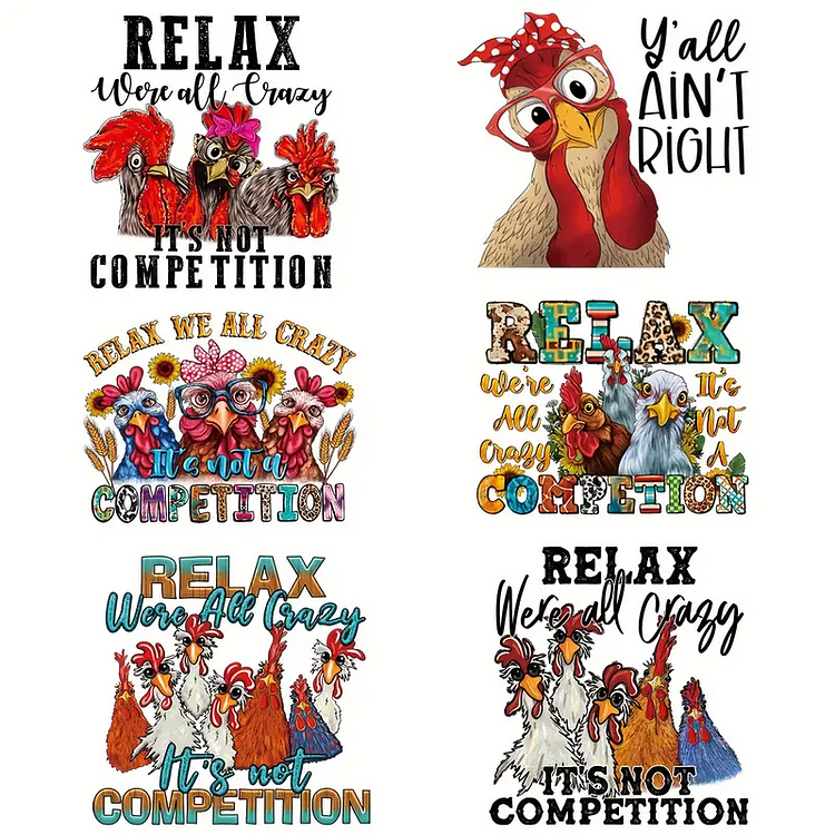 6pcs/pack Rooster Relax Designs DIY Heat Transfer For T-Shirt Home Decors