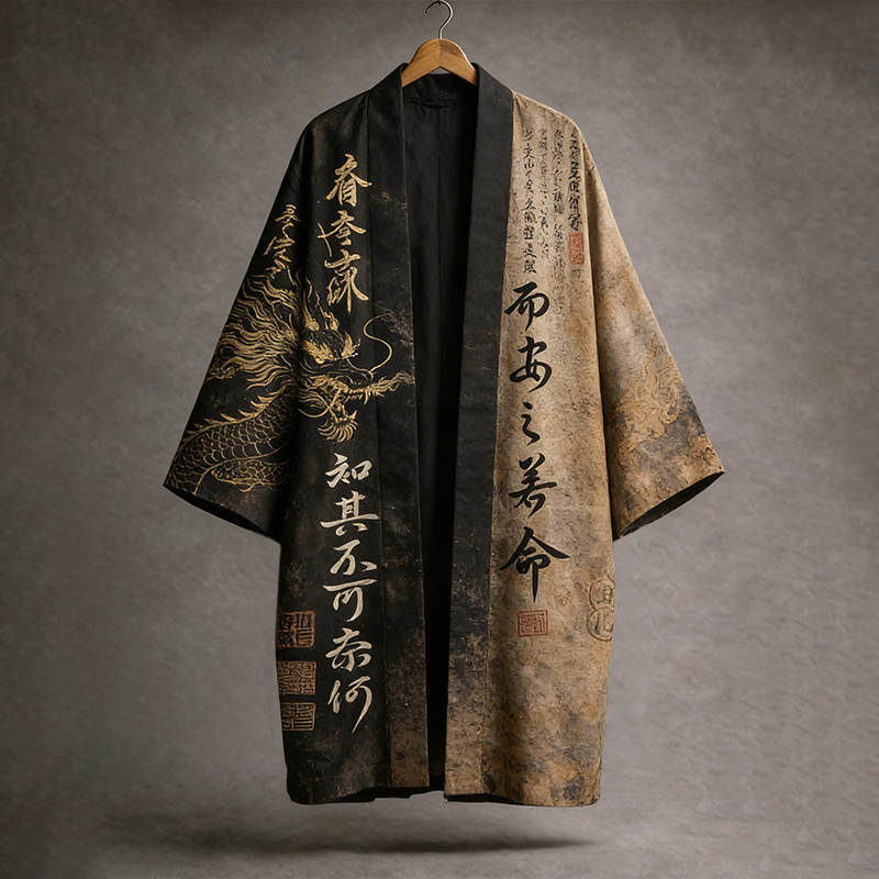 Men's Retro Color Block Calligraphy Dragon Art Pattern Linen Blend Kimono  artssus