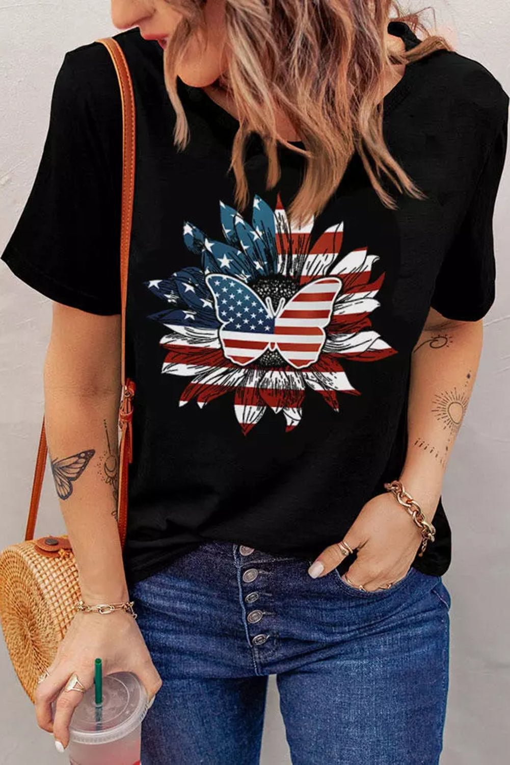 American Flag Sunflower Butterfly Print Short Sleeve Graphic Tee