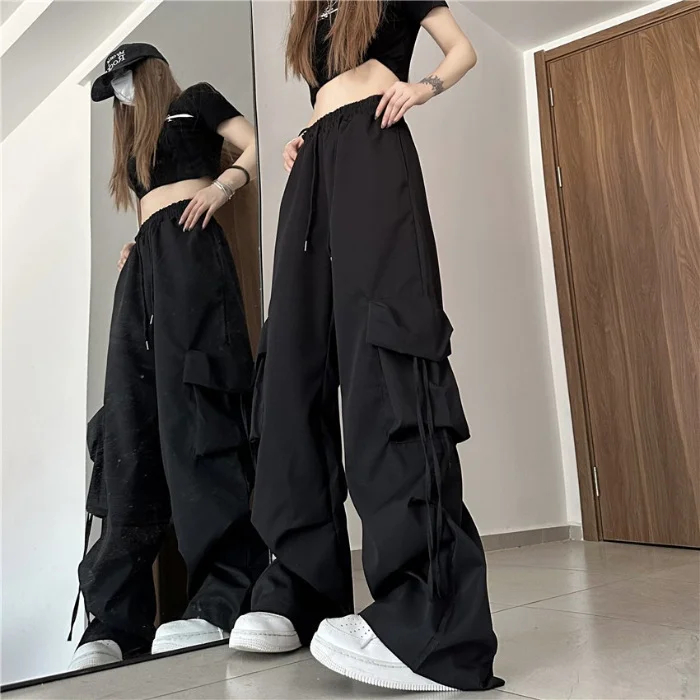 Uveng Uveng Speed Dry Cargo Pants Female Stereo Pocket High Waist Straight Tube Wide Leg Ribbon Loose Casual Floor Trousers