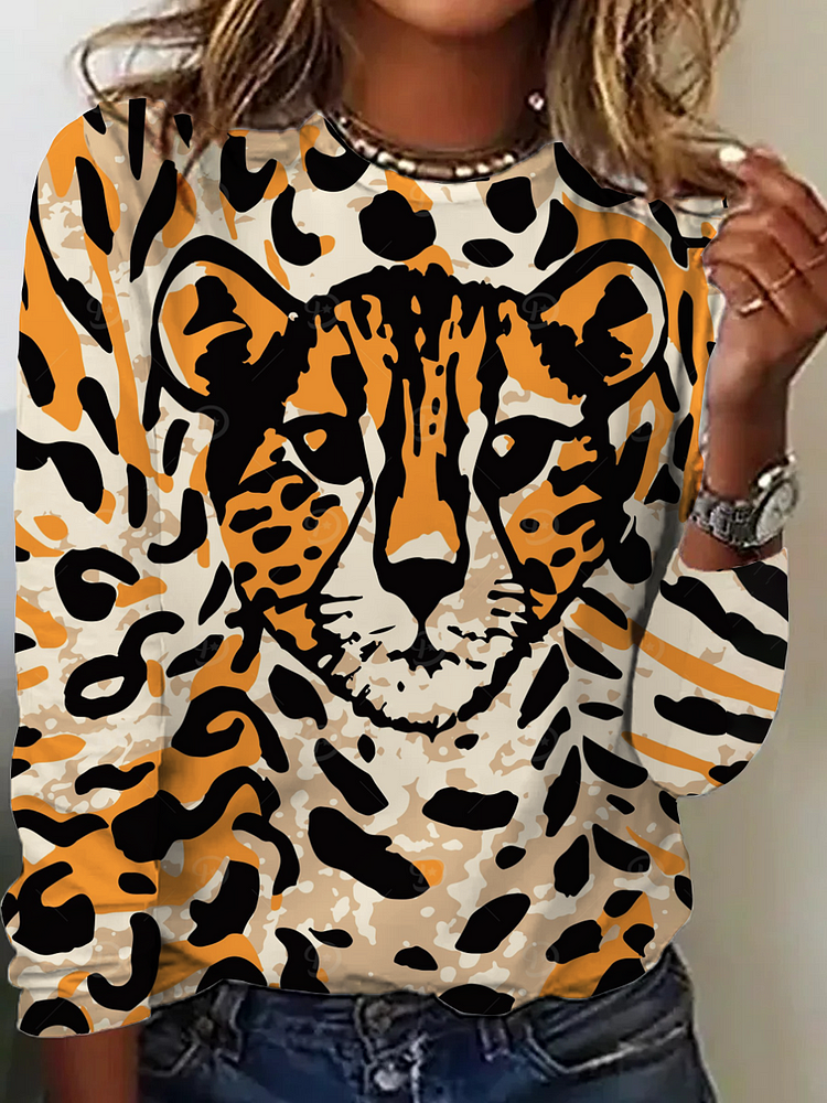 Women's Round Neck Animal Leopard Print Long Sleeve T-Shirt socialshop