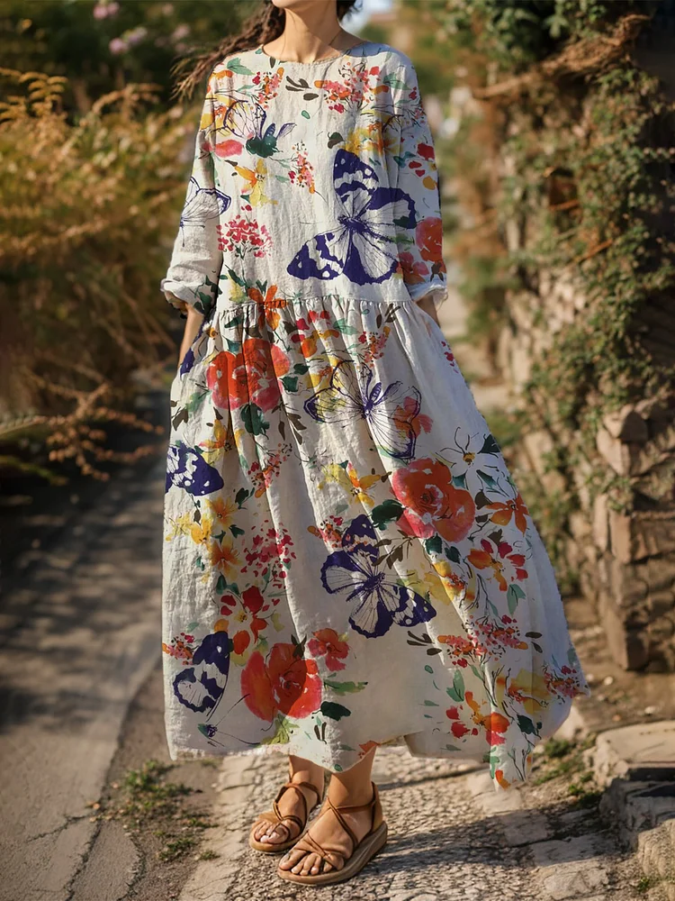 Women's Butterfly Floral Print Long Sleeve Casual Dress socialshop