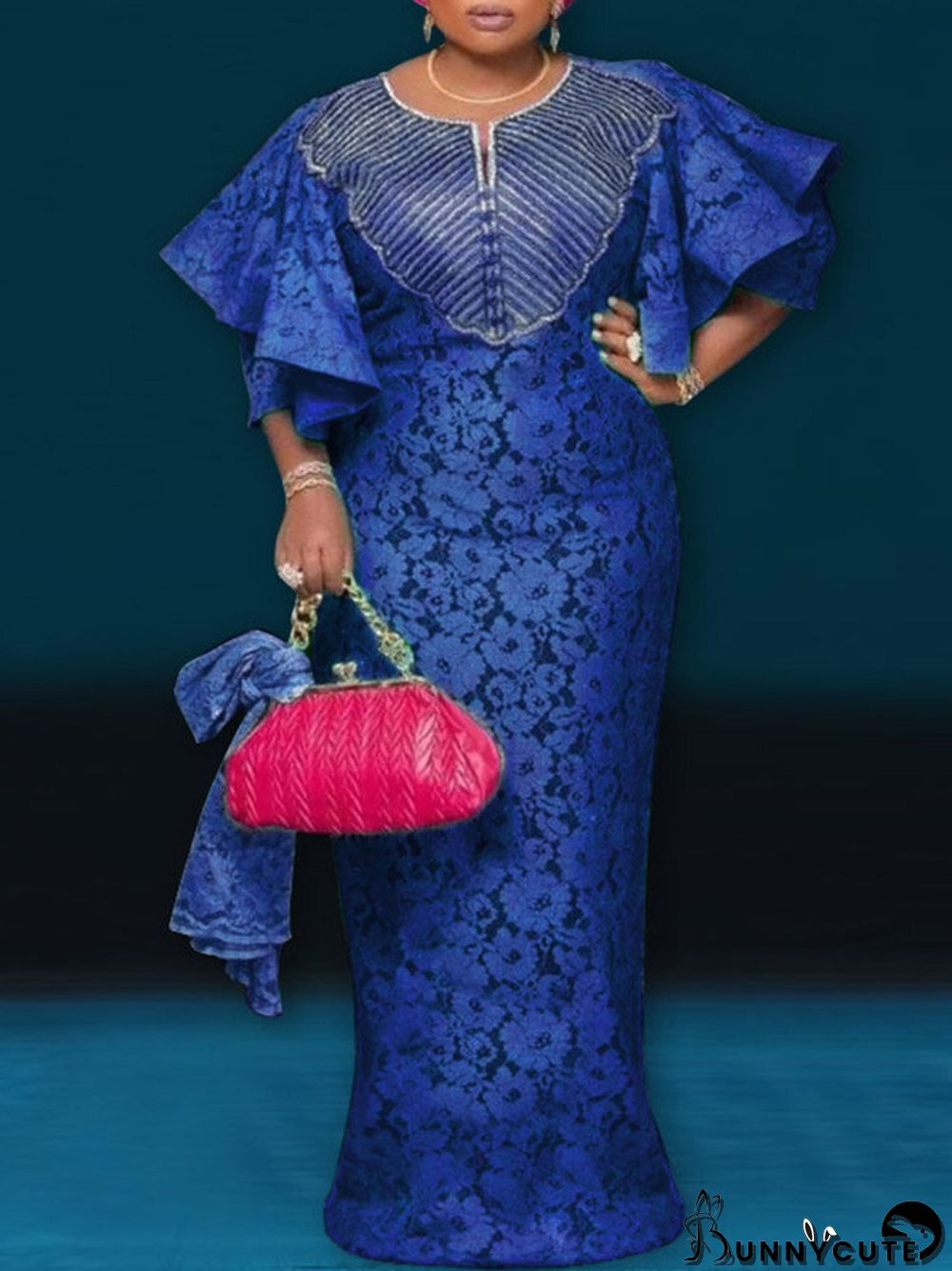 Full Size Printed Notched 3/4 Sleeve Midi Dress Plus Size main image 0