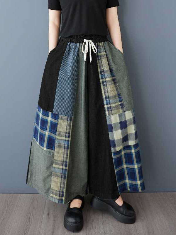 Plaid Patchwork Side Pocket Drawstring Wide Leg Pant