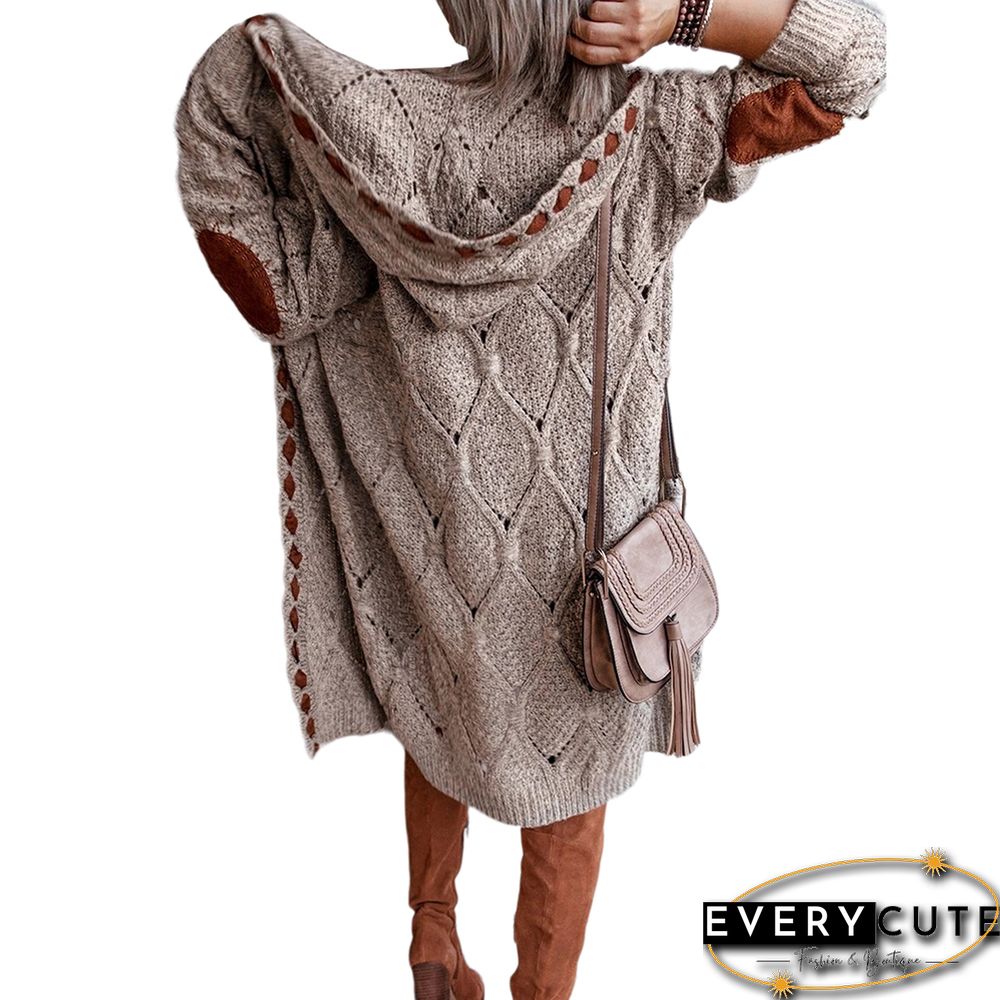 Khaki Patch Knit Long Sleeve Cardigans