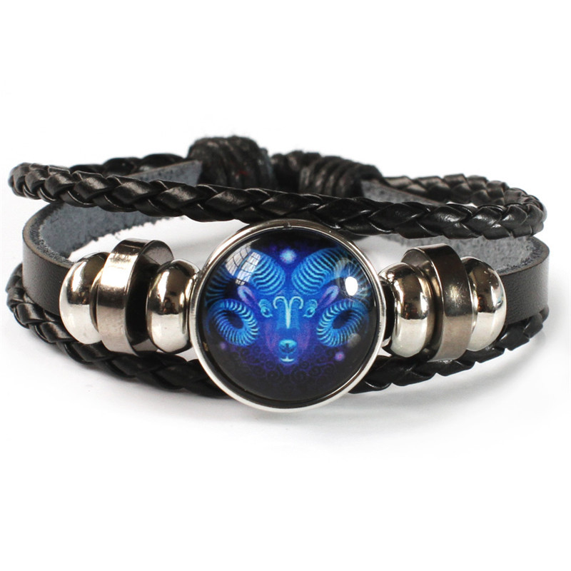 Zodiac Signs Cowhide Bracelet Leather Rope Braided Bracelet