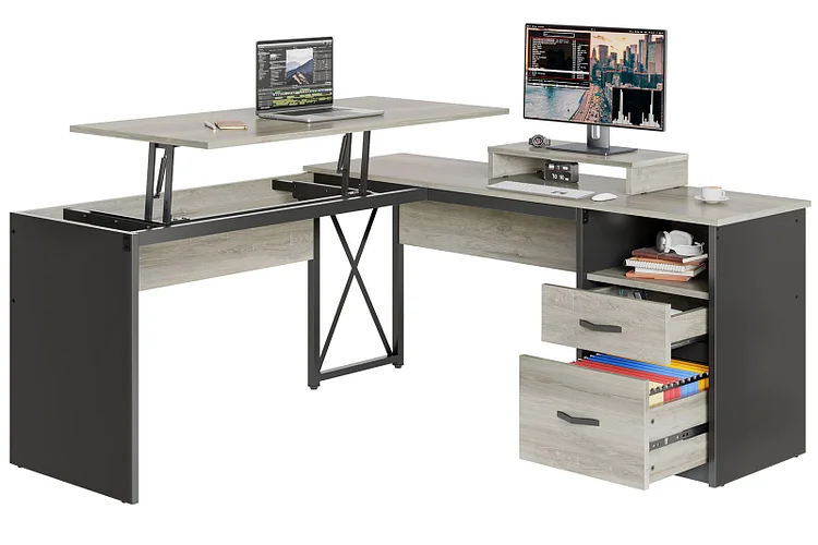 Bestier Reversible Uplift L-shaped Desk with Monitor Stand,55x55x30 inch Corner Desk,Study Writing Computer Table with Storage Cabinets for Home Office,Vintage Gray Oak-Light