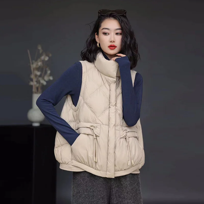 Woherb White Duck Down Down Vest Female 2024 Light Standing Collar Design Sense Draw Rope Warm Vest Wearing Casual Vest-Outfit Ideas