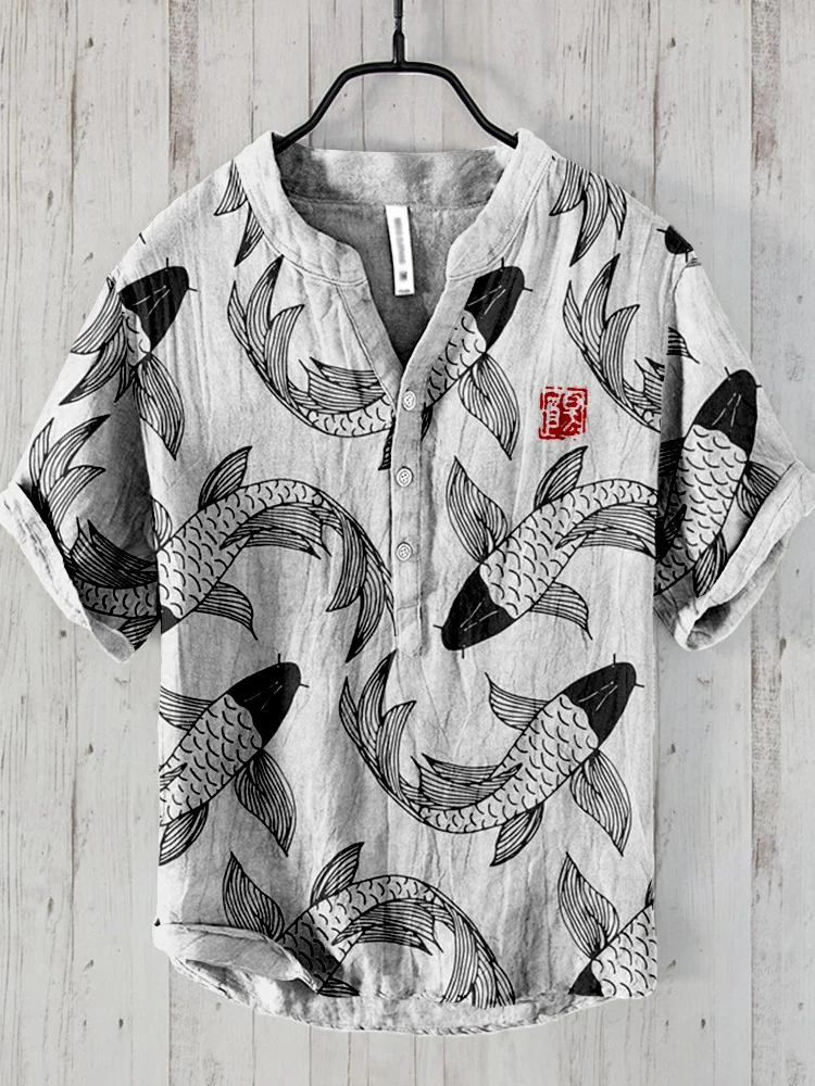 Japanese Koi Pattern Linen Blend Cozy Shirt