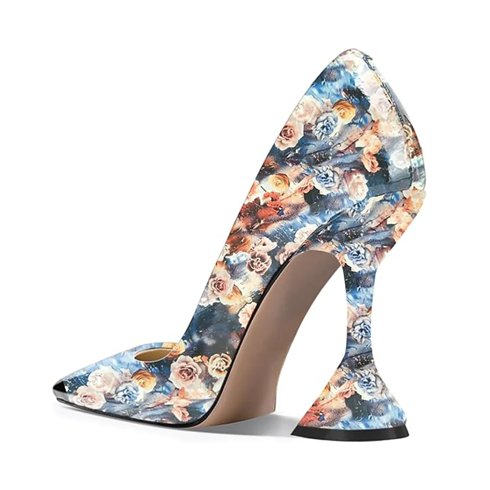 Colorful Floral Printed Patent Leather Pointed Elegant Pumps in Blue