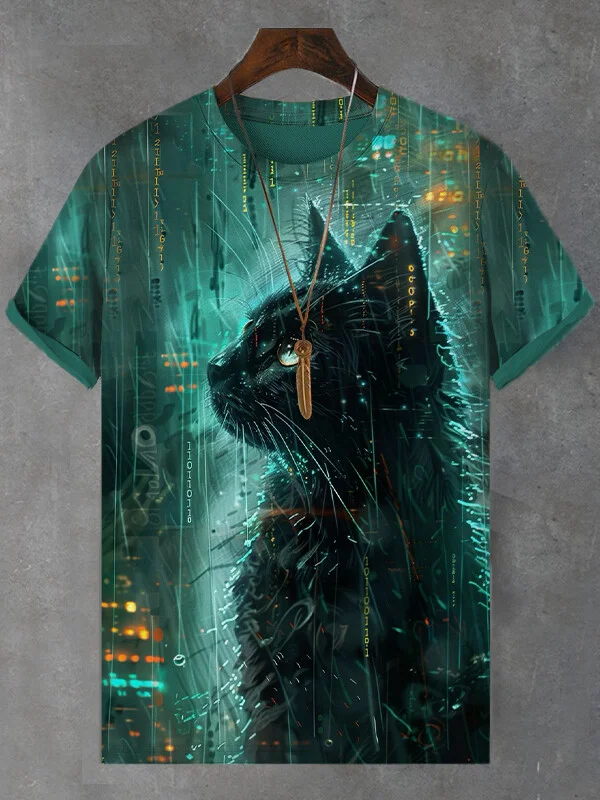 Men's Black Cat Profile Art Print Casual T-Shirt