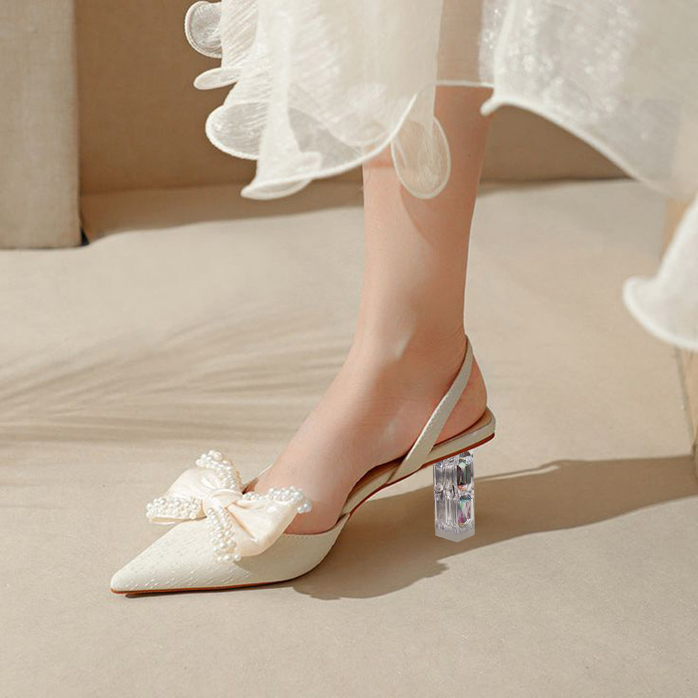 Off-White Closed Toe Decorative Heel Pearl Slingbacks with Bow Nicepairs