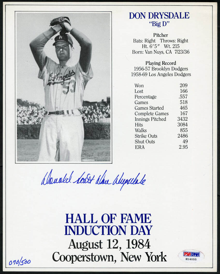 Don Drysdale Big D SIGNED 8x10 Photo Poster painting Dodgers Induction Card PSA/DNA AUTOGRAPHED