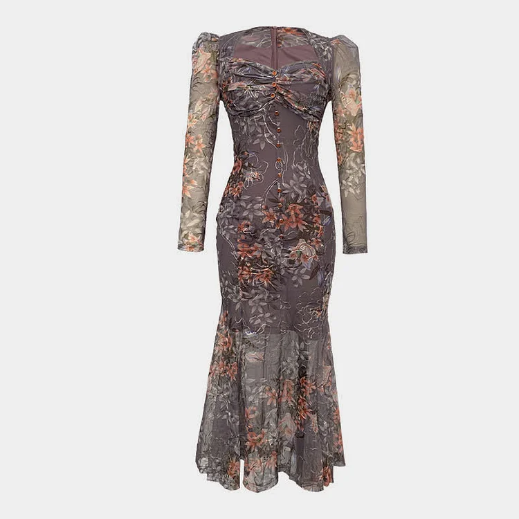 Pre-Order Vintage Ruffled Floral Print Fishtail Dress - Modakawa modakawa