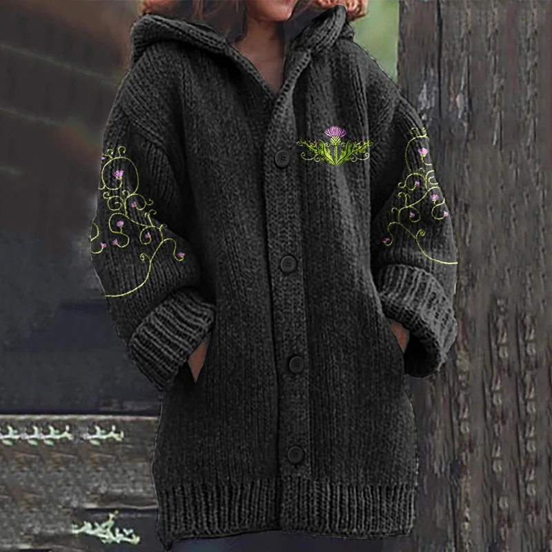 Vintage Scotland Thistle Embroidery Knit Hooded Sweater Cardigan