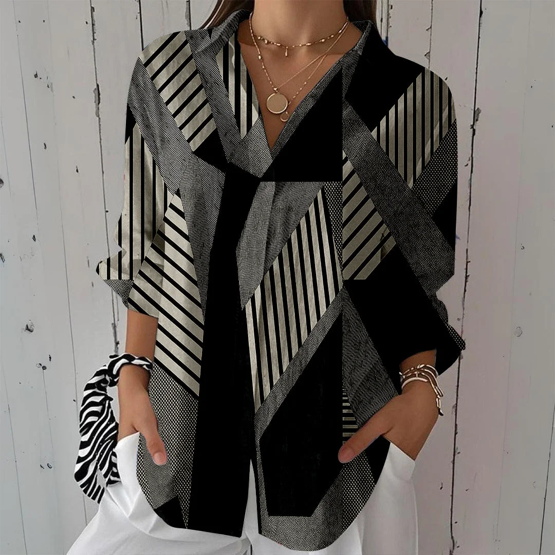 Style & Comfort for Mature Women Women Geometric,  Black,  White DZCL0428 3/4 Sleeve Shirt Collar Printed Button Tops