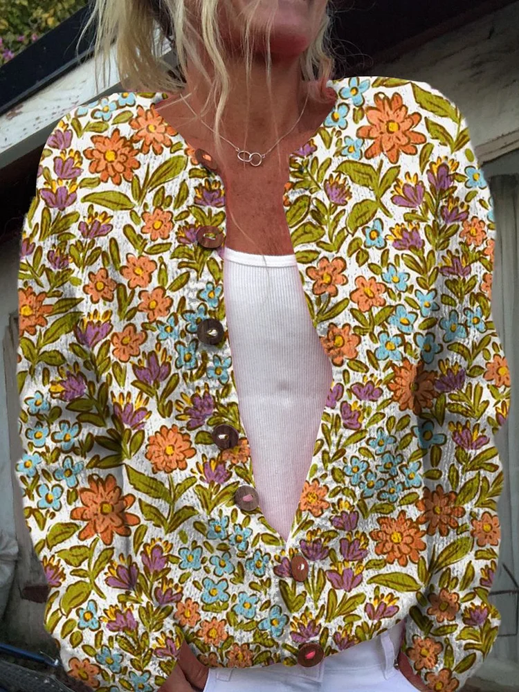 Fresh Retro Flowers Print Buttoned Cardigan Sweater