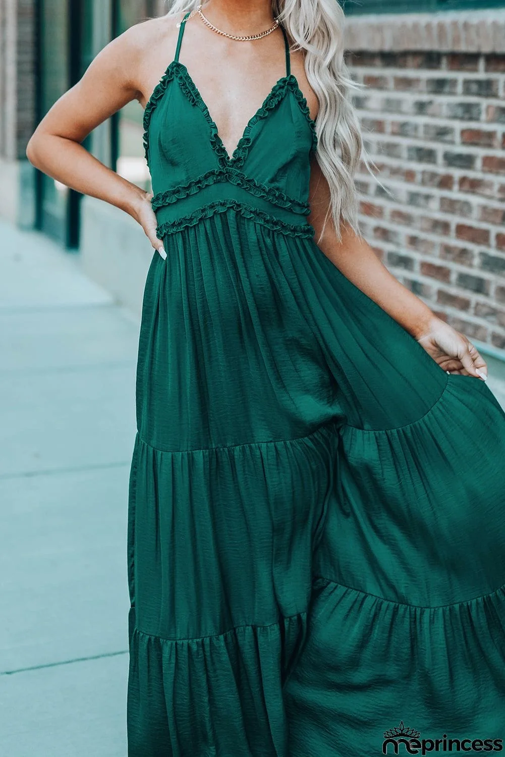 Cross Back Frilled Sleeveless Tiered Maxi Dress