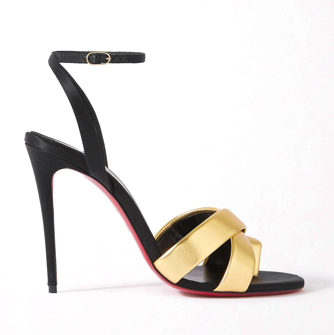 100mm Round Open Toe Ring Metallic Crossover Ankle Straps Sandals Red Bottom Pumps-vocosishoes