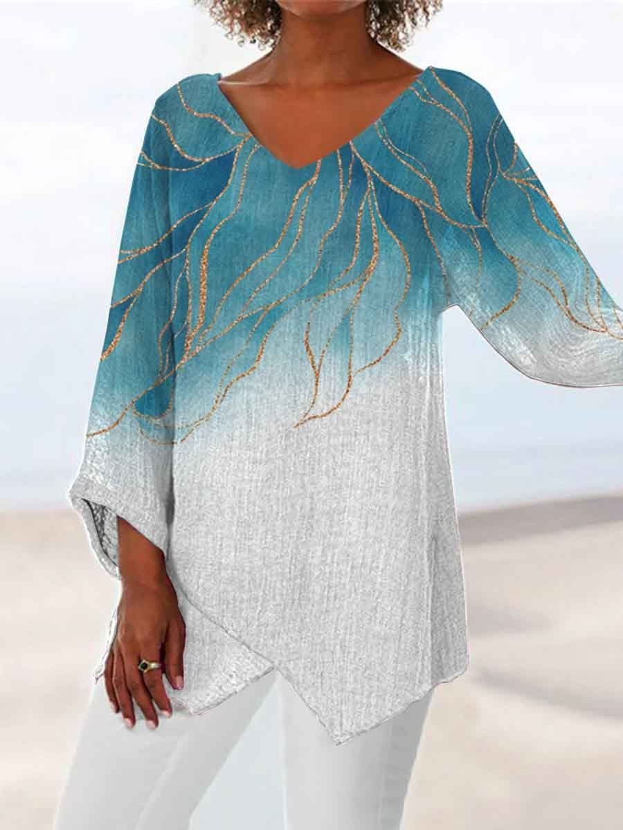 Women Asymmetrical 3/4 Sleeve V-neck Printed Colorblock Top Dress