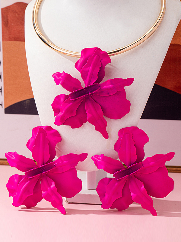 Flower Shape Necklaces Accessories + Drop Earrings FUSCHIA-One_size