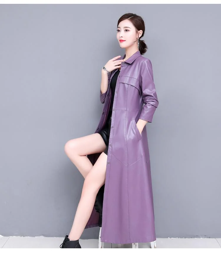 FTLZZ New Women Sheepskin Genuine Leather Long Jacket Thicken Coat Single Breasted Leather Trench Coat Outerwear Female