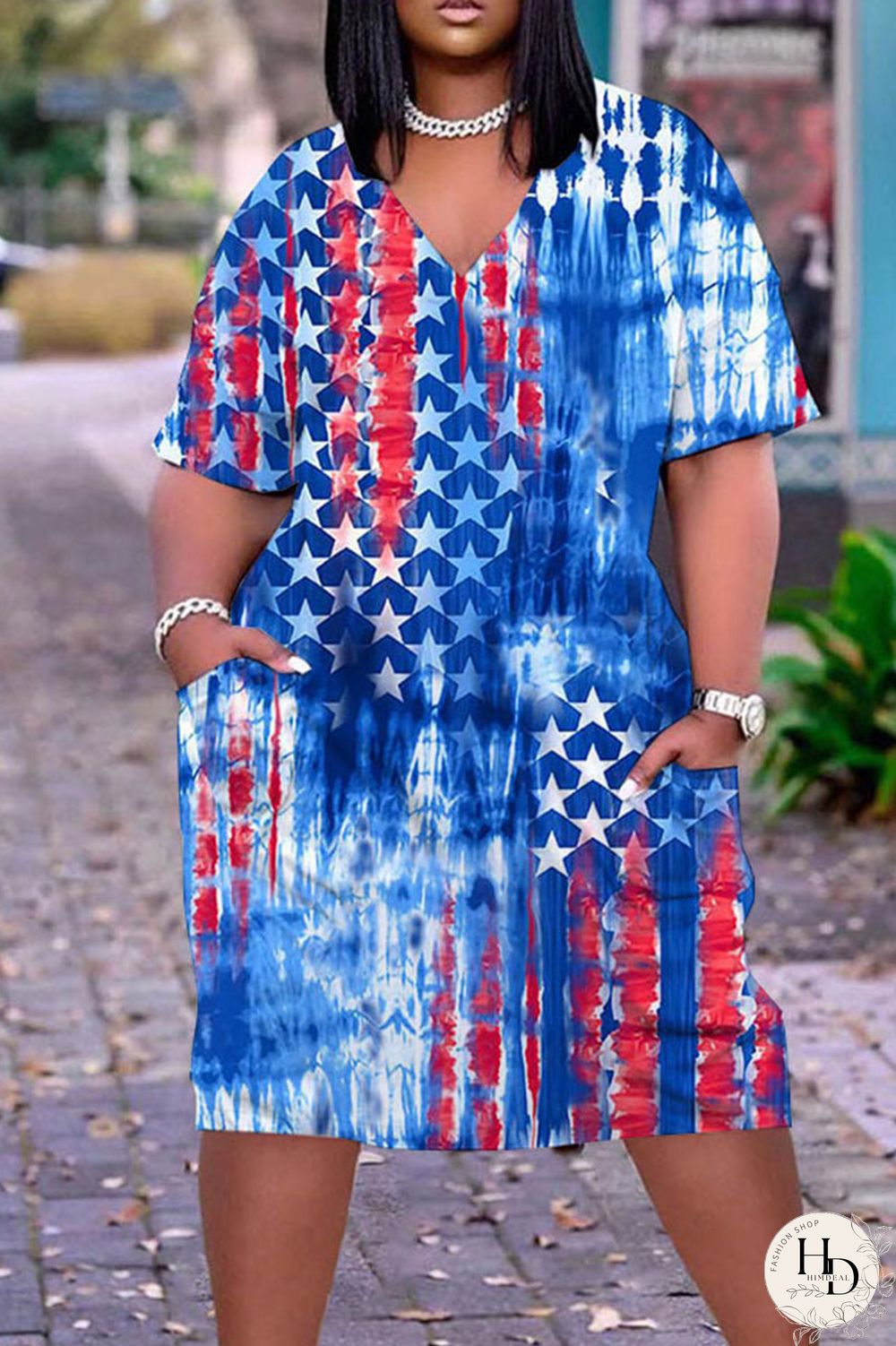 White Blue Red Casual Print Patchwork V Neck Dresses