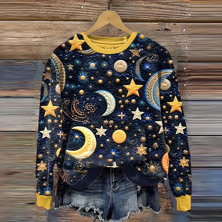 Lässiges Sweatshirt mit Rundhalsausschnitt und Retro-Farbblock-Mondsternen-Stickerei-Filz-Kunstdruck