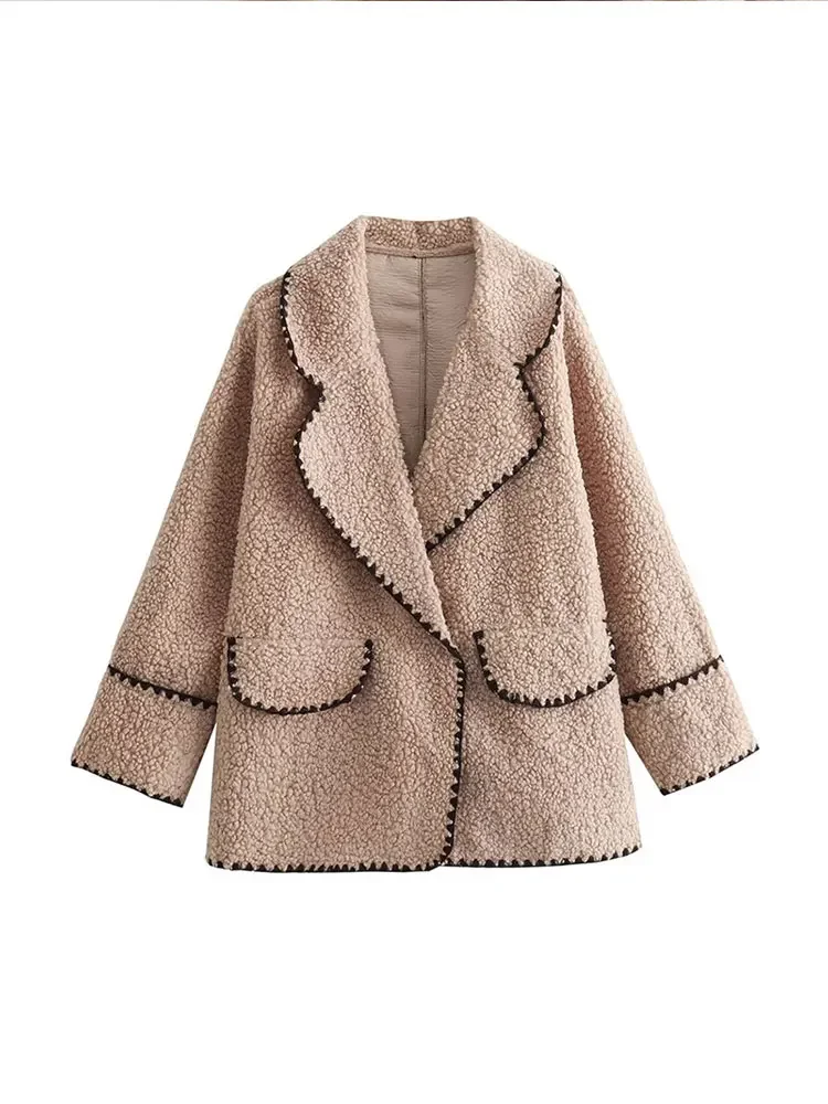 Lvpinyuan fall outfits New Women's Fashion Lapel Lambwool Warm Coats Elegant Contrast Edge Lapel Long Sleeve Jackets 2025 Chic Ladies Thermal Outerwear