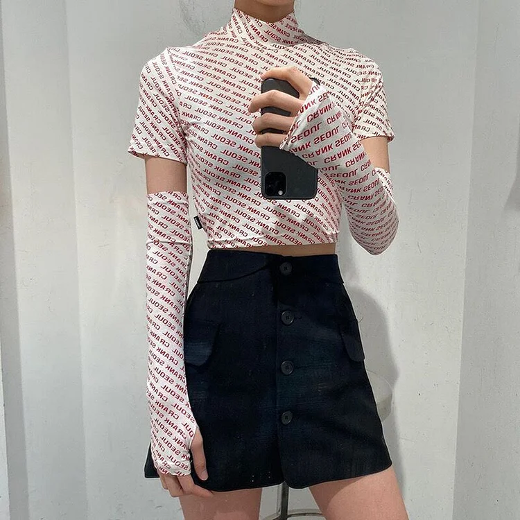 Letter Printed Round Collar Belly Top