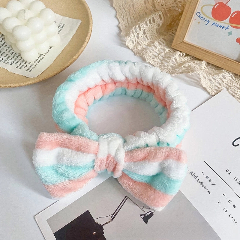 Leopard Stripe Bow Hair Band Women’s Face Washing Sports Hair Band Coral Fleece Hair Accessories