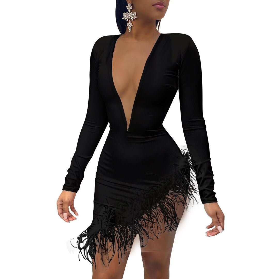 Women Spring Winter Mini Dress 2020 O-Neck Mesh Feather Patchwork Sexy Night Club Party Bandage Street Bodycon Dresses GL3198