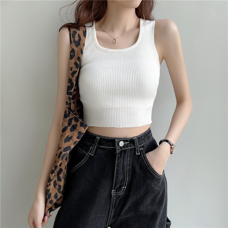 Heliar Plain Cropped Knitted Tank Top Ladies Casual Square Neck Sleeveless Tops Women 2022 Summer