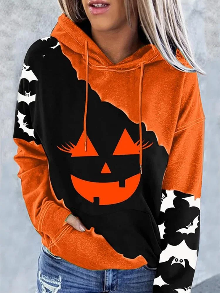 Halloween Bat Printed Long Sleeve Hoodie