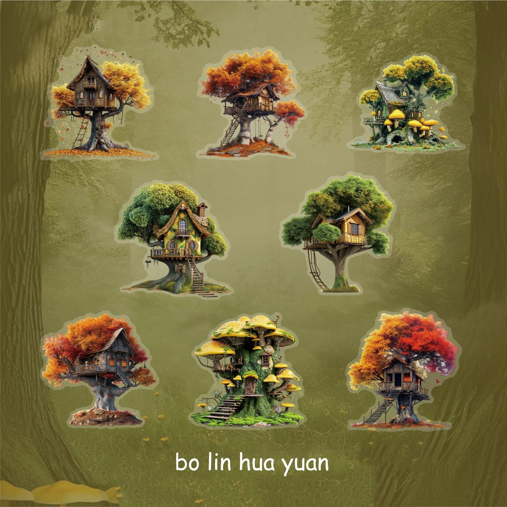 Journalsay 16 Sheets Treehouse Series Vintage Fairy Tale Landscaping PET Sticker