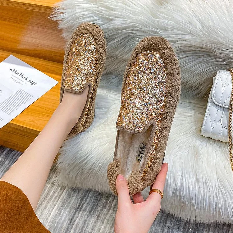 Furry Outer Wearing Flats Loafers Bling Decor Backless  Wild Fluffy Flat Mules Warm flats sneakers glitter winter QueenFunky