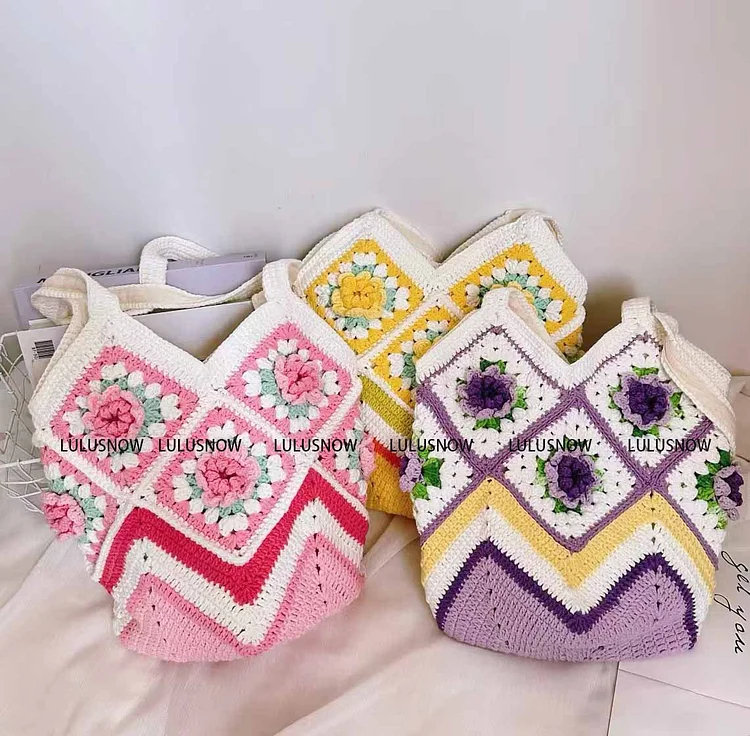 Lulusnow Handmade Pink Rose Granny Square Beach Bag Crochet Tote Bag Shoulder Bag 