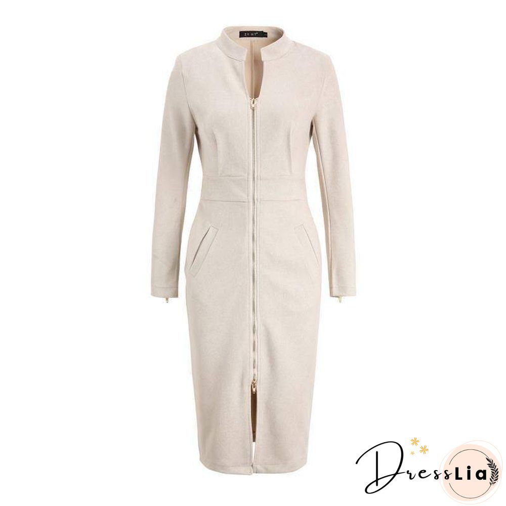 New Autumn Woman Clothes Elegant Dress Zipper Long Sleeve Solid Color Stand-up collar Dresses Fashion Fall Women Clothing