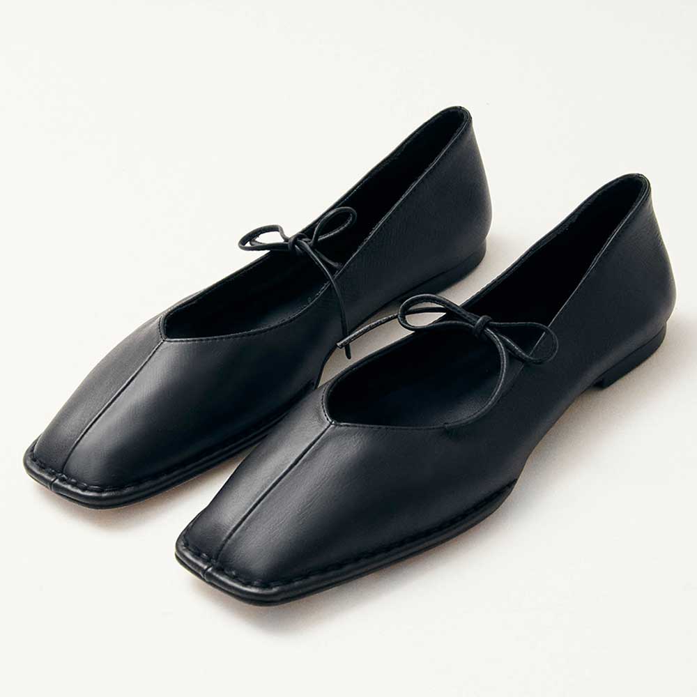 Black Vegan Leather Closed Square Toe Ballet Flats with Bow Straps Nicepairs