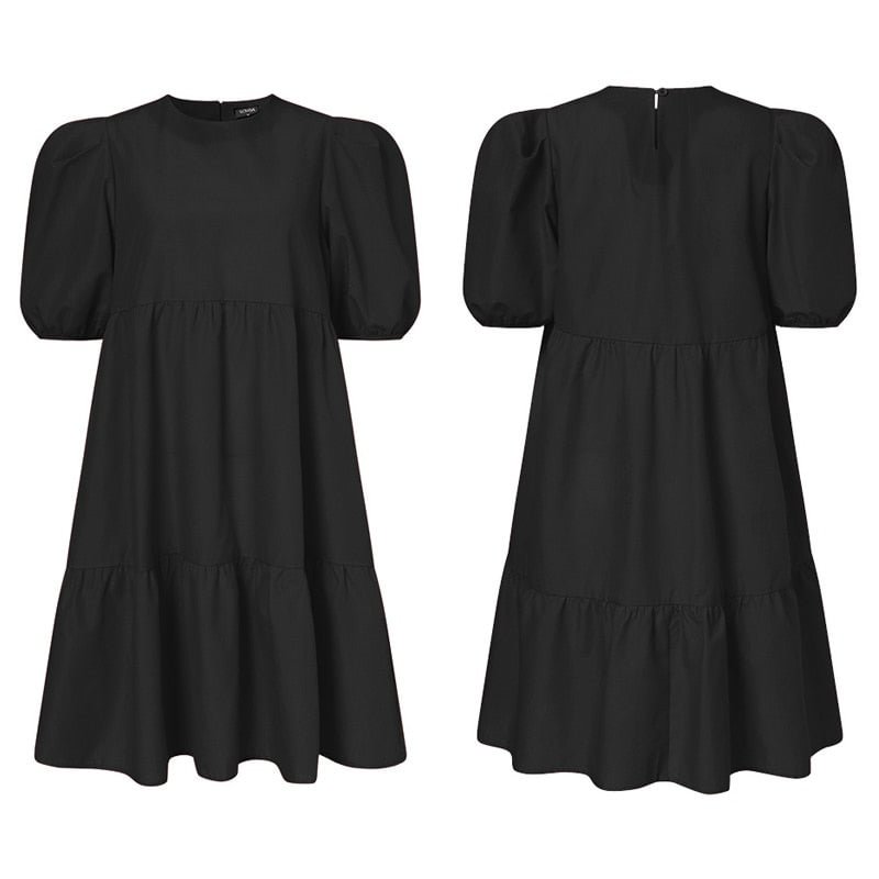 Casual Shorts Sleeve Solid Mini Dress VONDA 2022 Women Summer Puff Sleeve Pleated Dresses Bohemian Vestidos Summer Robe S-