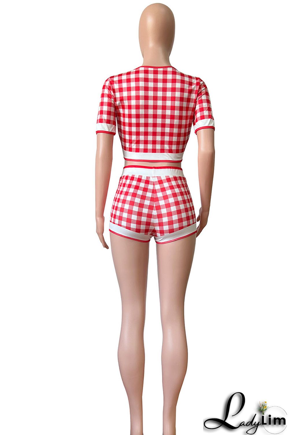 Royal Blue Sexy Plaid Print Split Joint Buckle Short Sleeve Two Pieces