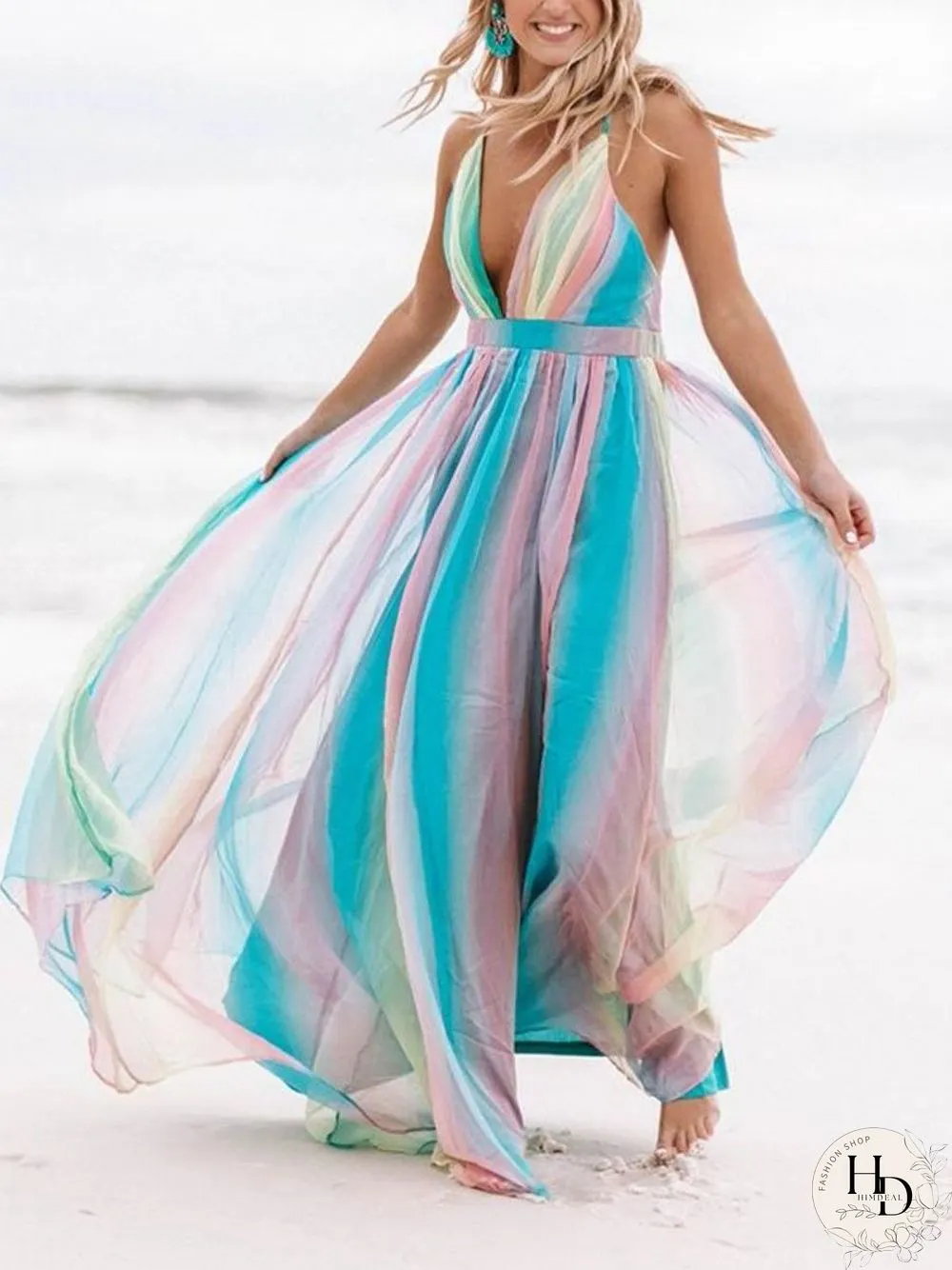Pretty Colorful Chiffon Backless Maxi Dress P14136