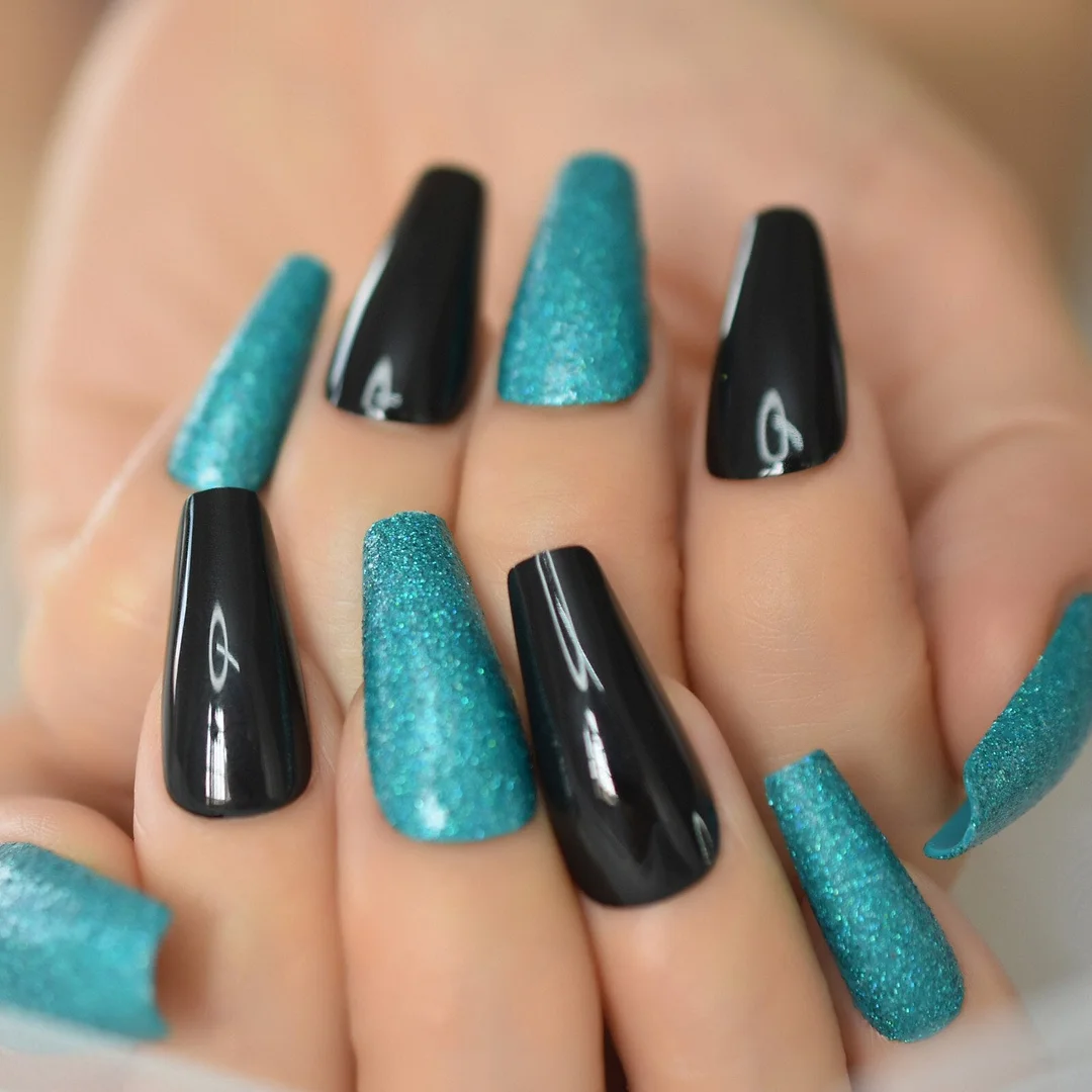 48 PCS 2*24pcs Mixed Set Extra Long Nail Art Fake Nails Tips Full Cover Fashion Nail Foil Coffin Charming Black Golden Glitter-Nail Inspo