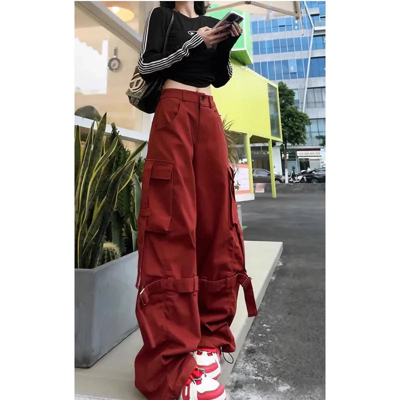 Aiertu Vintage Casual High Waist Red Cargo Pocket Pants For Women Streetwear Style Wide Leg Overalls Baggy Y2K Trouser 2024 Aiertu