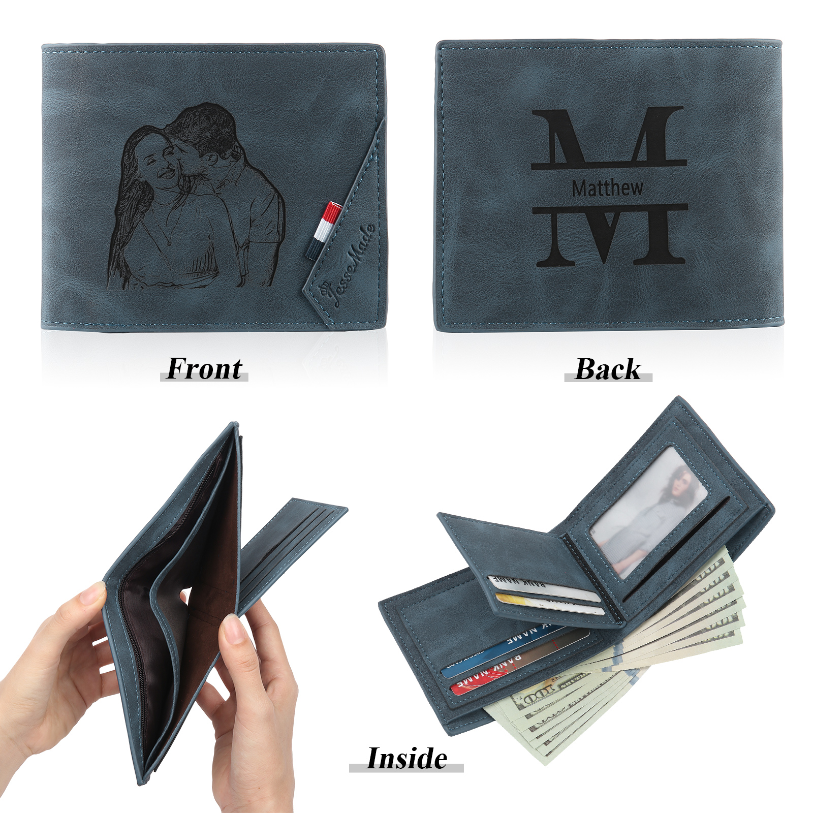 Personalised Photo & Name & Letter Billfold Wallet Monogram Leather Wallet Black Gift for Men-Jessemade AU